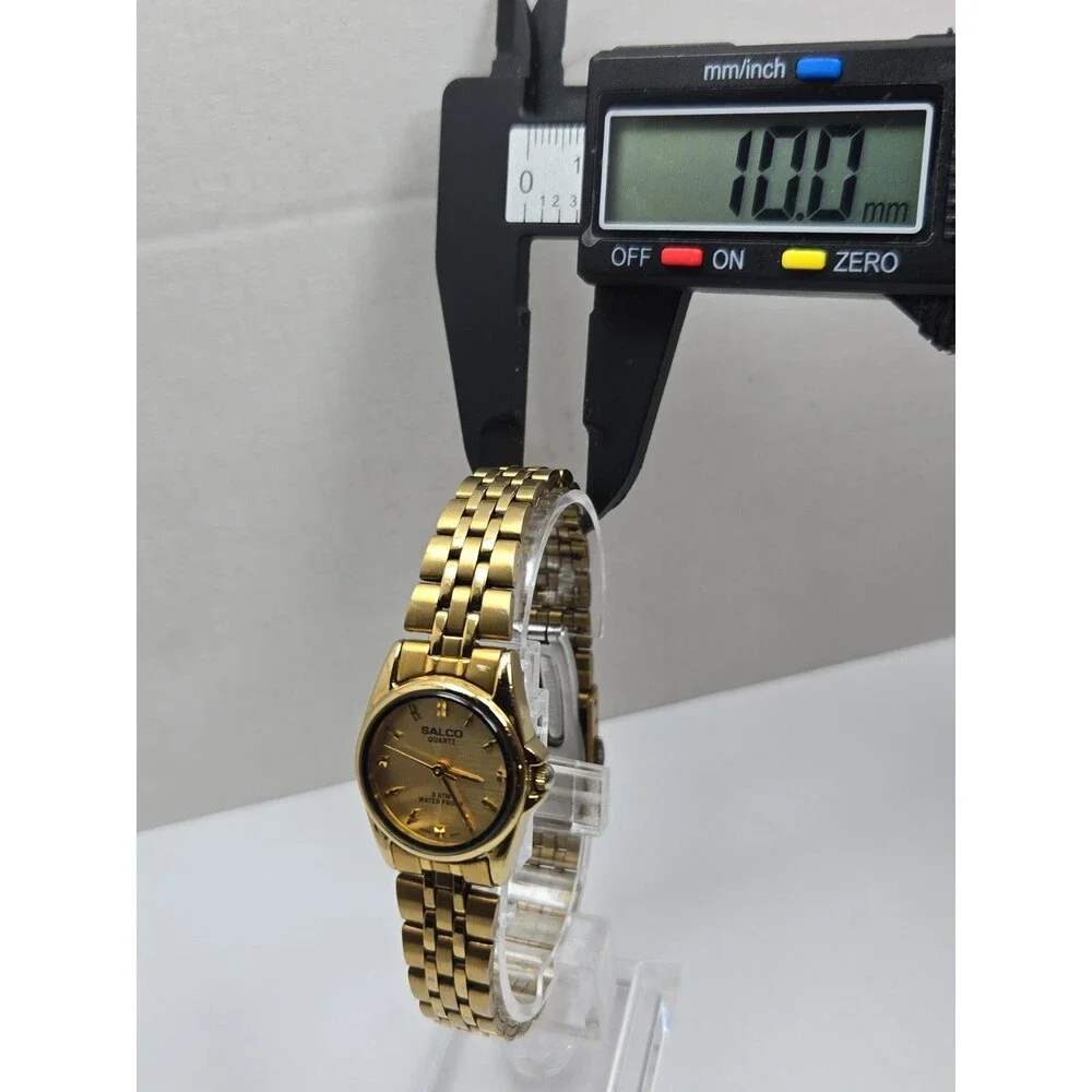 Womens Salco Gold Tone Quartz Bracelet Dress Watch Dainty Petite New Battery